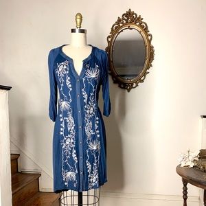 Anthropologie navy blue embroidered floral dress
